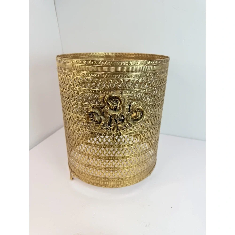 MCM Hollywood Regency Ormolu Gold Filigree Metal Footed Waste Basket Cover